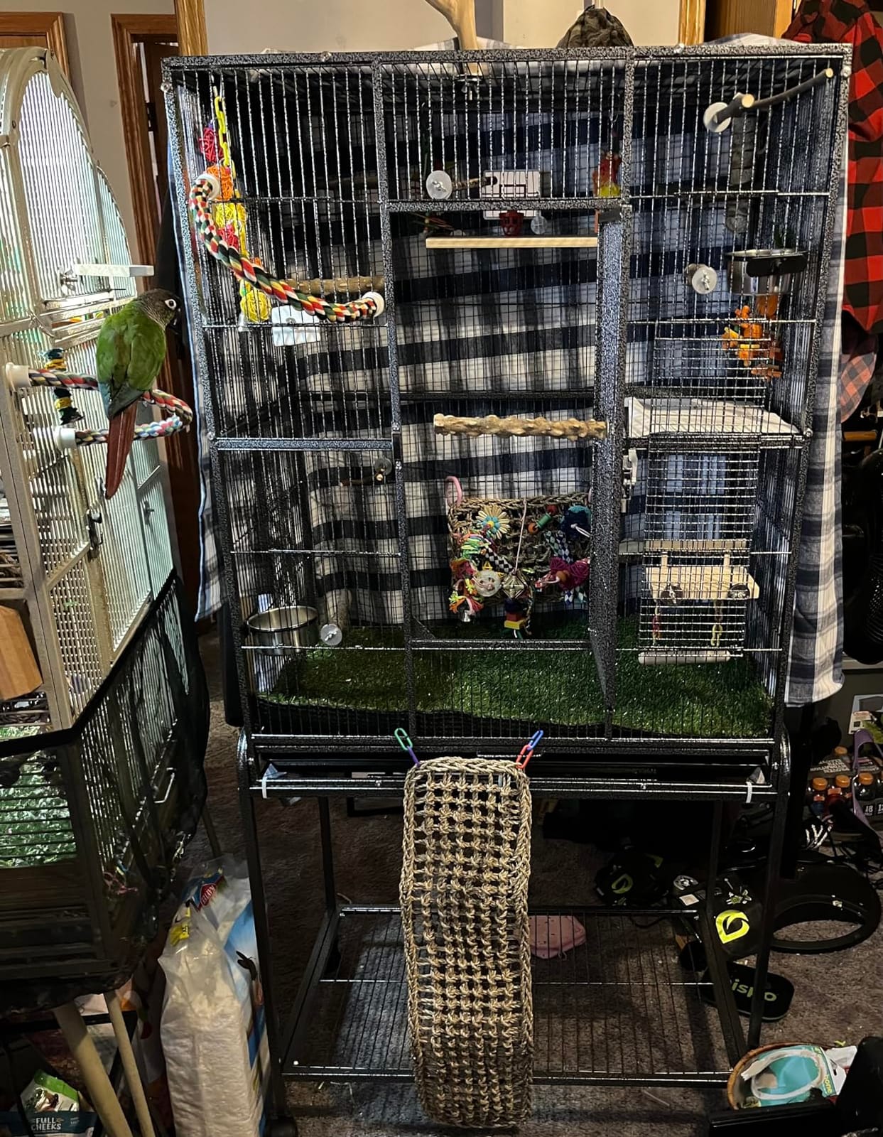 Extra Large Sturdy Wrought Iron Breeding Flights Canary Parakeet Cockatiel African Grey Lovebird Finches Parrot Home Cage Double Large Front Doors 4 Side Doors Bottom Storage Shelf On Lockable Wheels customer photo 1